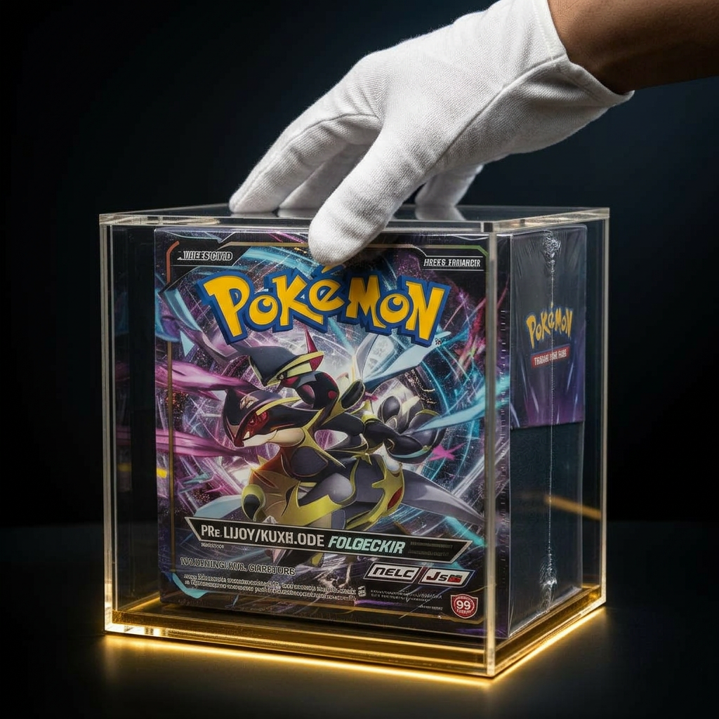 A gloved hand placing a sealed Pokémon ETB into the acrylic case