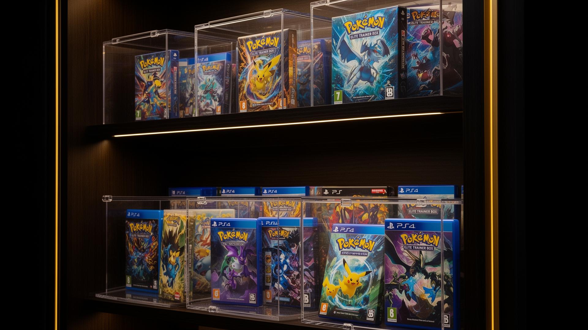 A collector shelf lined with sealed Elite Trainer Boxes inside clear acrylic cases